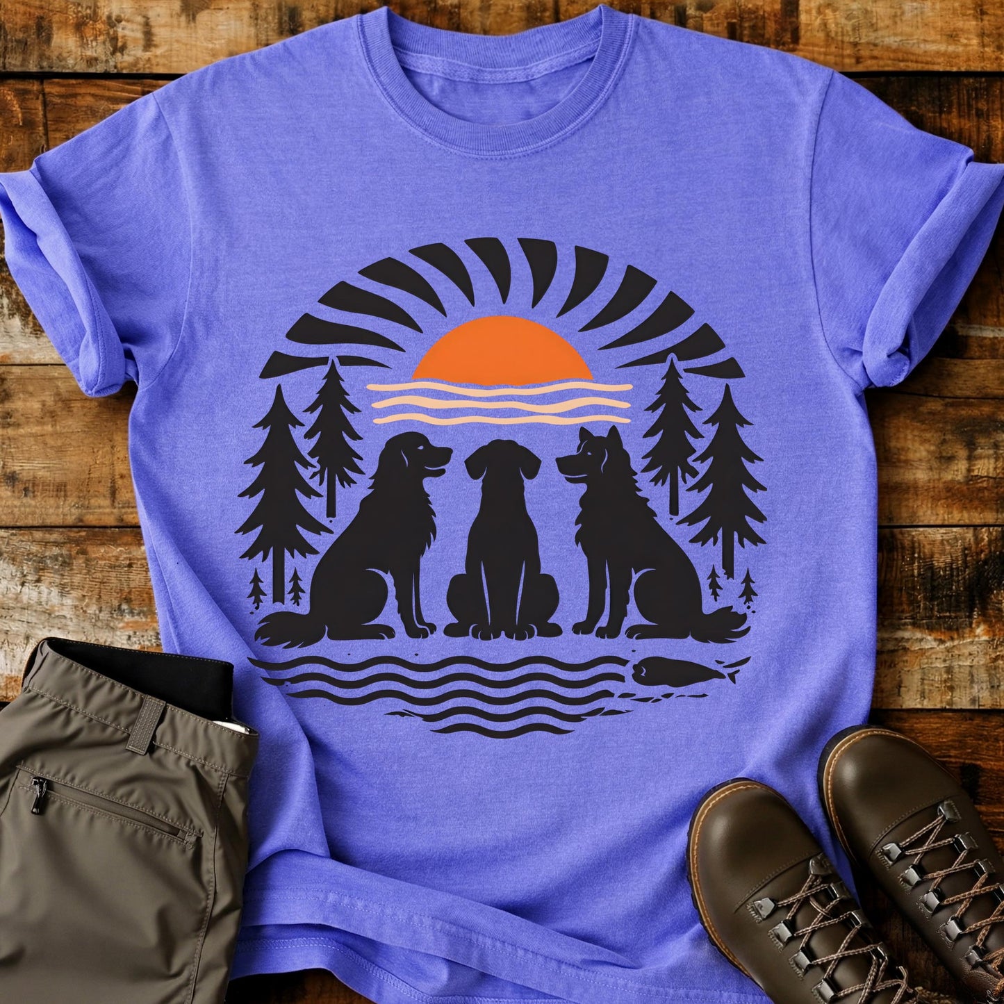Three Dogs Outdoors Wood Cut T-Shirt