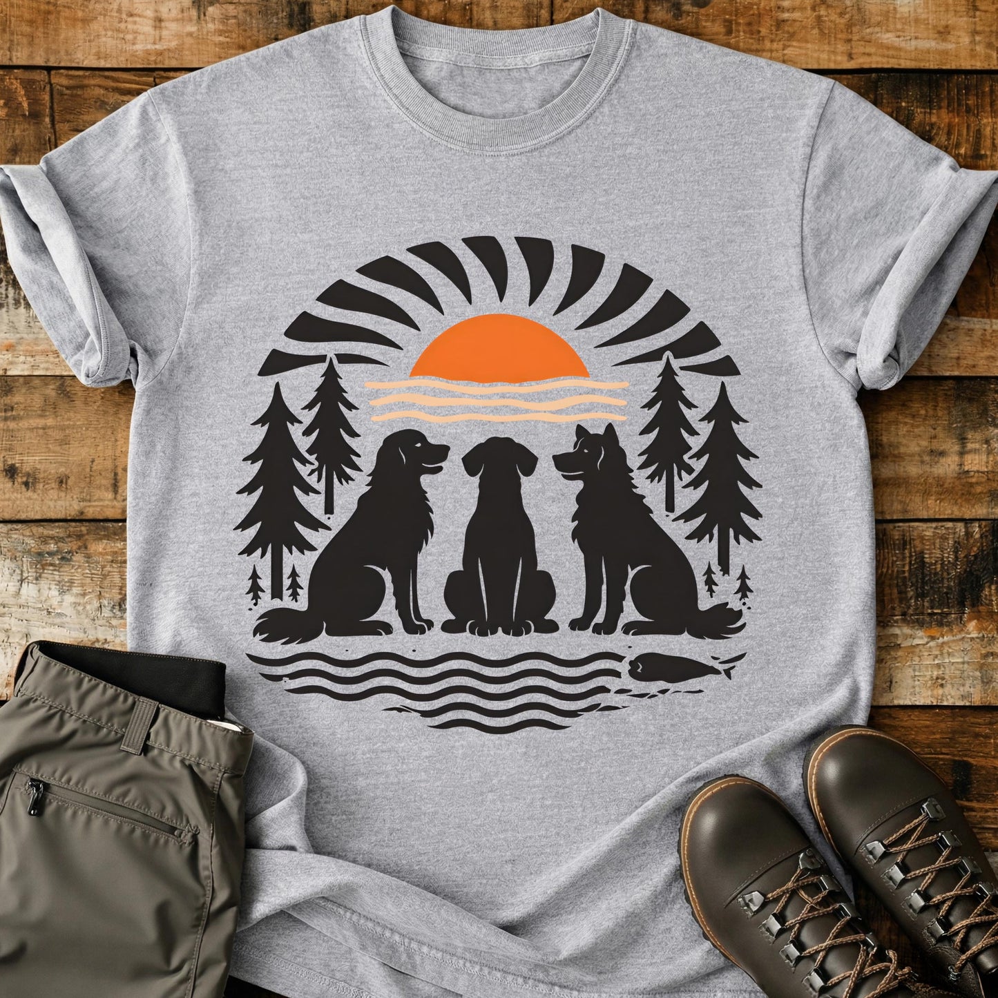 Three Dogs Outdoors Wood Cut T-Shirt
