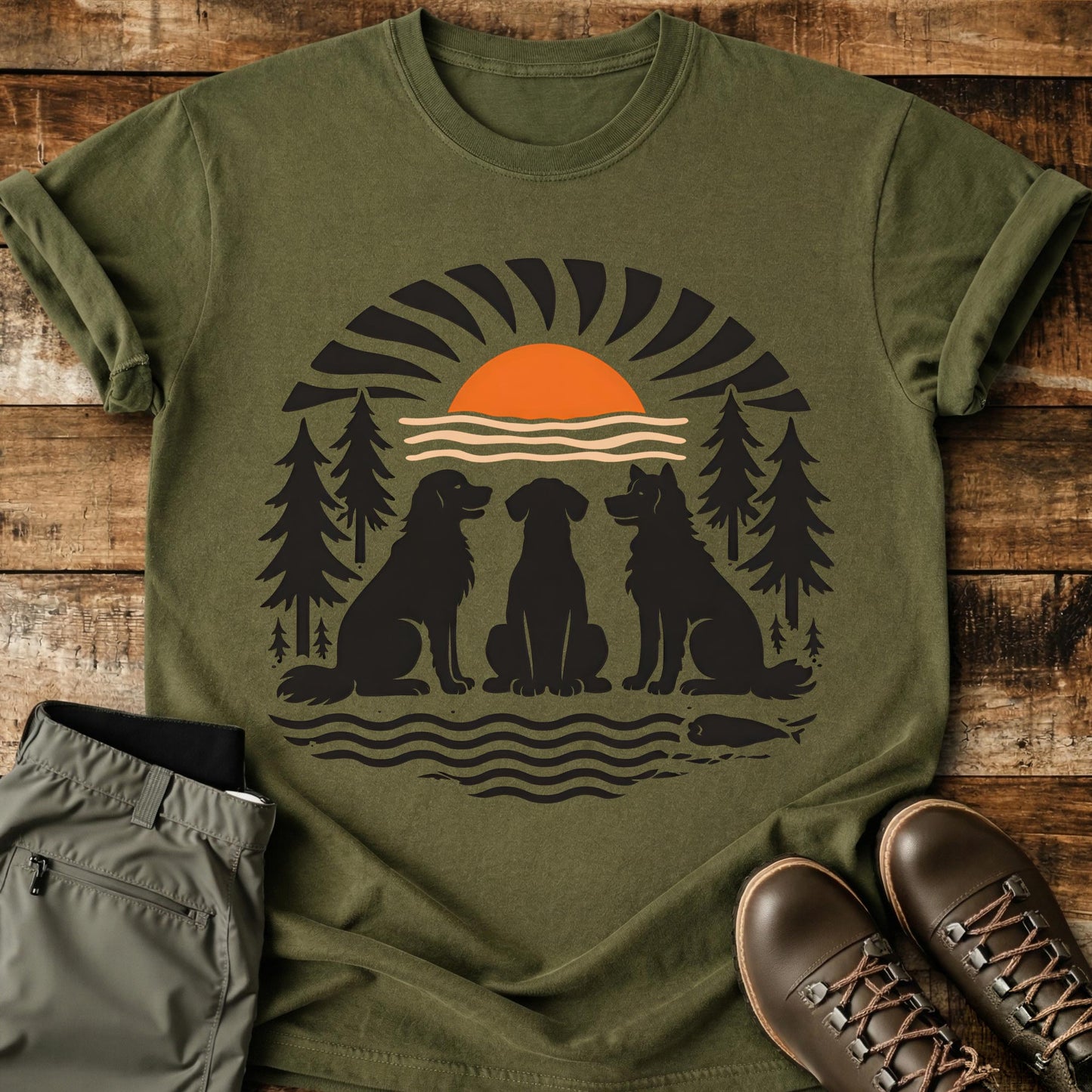 Three Dogs Outdoors Wood Cut T-Shirt